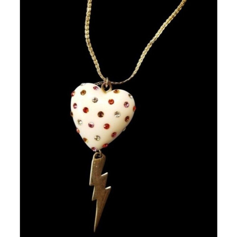 Betsey Johnson Sweetie Pie White Lucite Heart Rhinestone Bolt Star Necklace Vtg